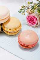 traditional delicious sweet  macarons  coffee