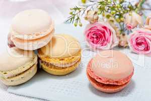 traditional delicious sweet  macarons  coffee