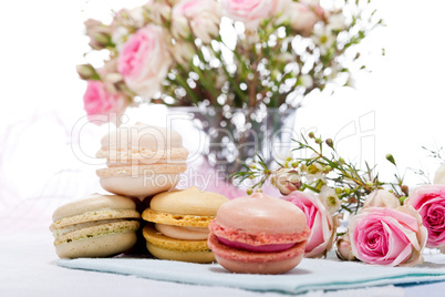 traditional delicious sweet  macarons  coffee