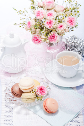 traditional delicious sweet  macarons  coffee