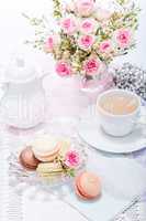 traditional delicious sweet  macarons  coffee