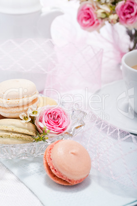 traditional delicious sweet  macarons  coffee