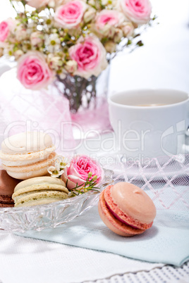 traditional delicious sweet  macarons  coffee