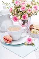 traditional delicious sweet  macarons  coffee