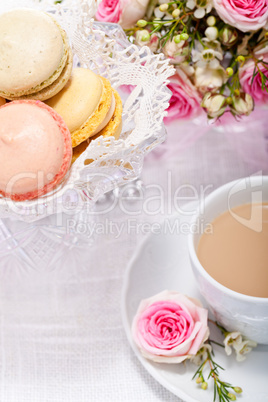 traditional delicious sweet  macarons  coffee