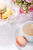 traditional delicious sweet  macarons  coffee