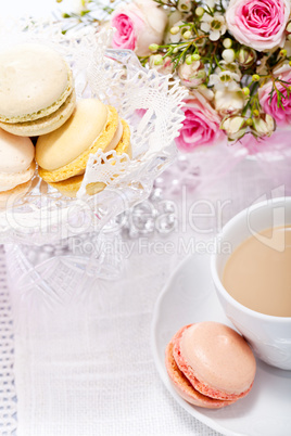 traditional delicious sweet  macarons  coffee