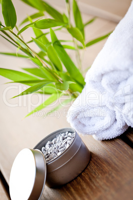 wellness and spa beauty treatment objects on wooden background