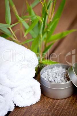 wellness and spa beauty treatment objects on wooden background