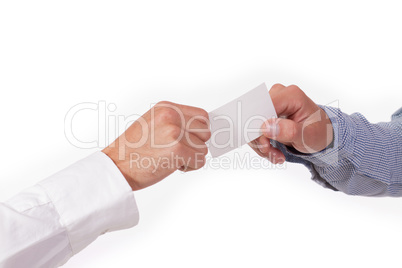 hands and business card closeup isolated