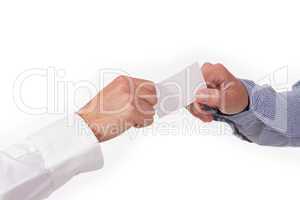 hands and business card closeup isolated