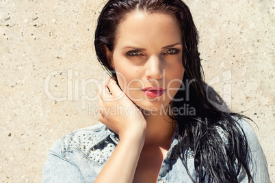 beautiful brunette woman wet hair sunlight outdoor
