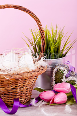 festive traditional easter egg decoration ribbon and tulips