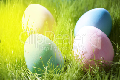Four Decorative Easter Eggs On Sunny Green Grass