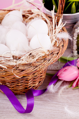 festive traditional easter egg decoration ribbon and tulips