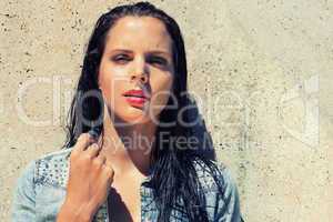 beautiful brunette woman wet hair sunlight outdoor