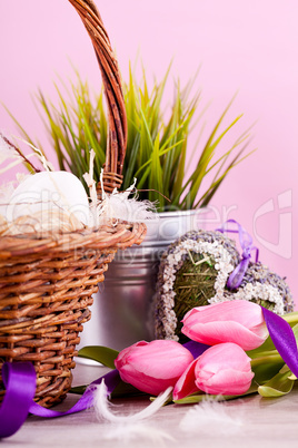 festive traditional easter egg decoration ribbon and tulips