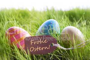 Happy Easter Background With Colorful Eggs And Label With German Text Frohe Ostern