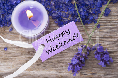 Purple Label With Text Happy Weekend And Lavender Blossoms