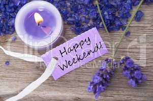 Purple Label With Text Happy Weekend And Lavender Blossoms