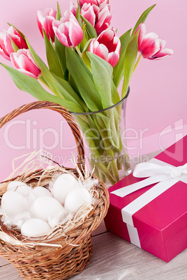 pink present and colorful tulips festive easter decoration