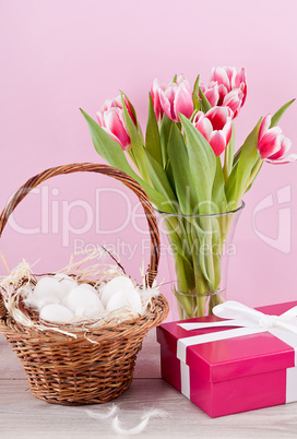 pink present and colorful tulips festive easter decoration