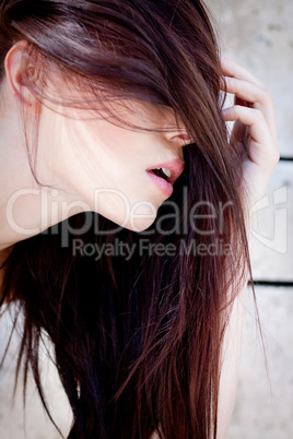 beautiful woman portrait wirth long straight dark brown hair
