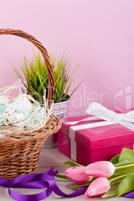 pink present and colorful tulips festive easter decoration