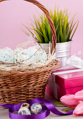 pink present and colorful tulips festive easter decoration