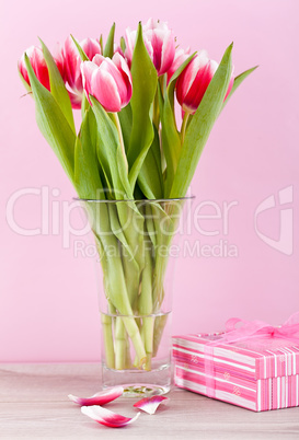 pink and white tulips present ribbon easter birthday