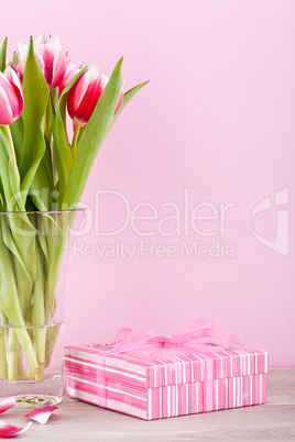 pink and white tulips present ribbon easter birthday