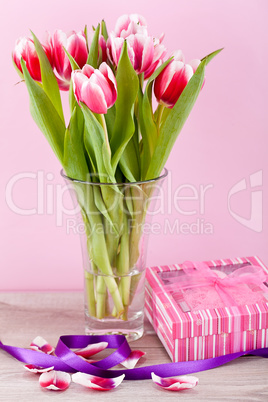 pink and white tulips present ribbon easter birthday