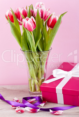 pink and white tulips present ribbon easter birthday