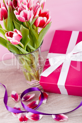 pink and white tulips present ribbon easter birthday