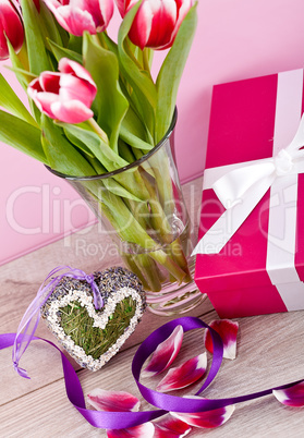 pink and white tulips present ribbon easter birthday