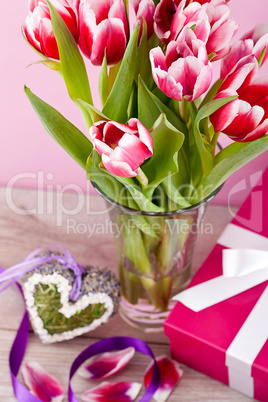 pink and white tulips present ribbon easter birthday