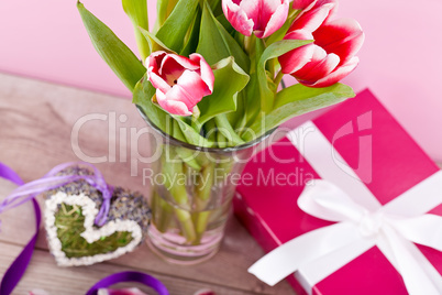 pink and white tulips present ribbon easter birthday