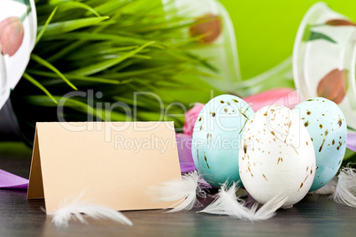 traditional easter egg decoration with tulips and ribbo