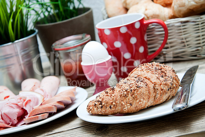 traditional french breakfast on table in morning