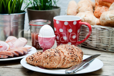 traditional french breakfast on table in morning