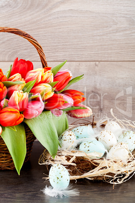 festive traditional easter egg decoration ribbon and tulips