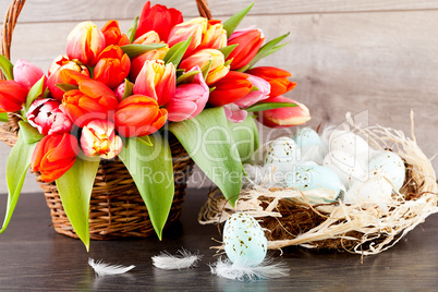 festive traditional easter egg decoration ribbon and tulips