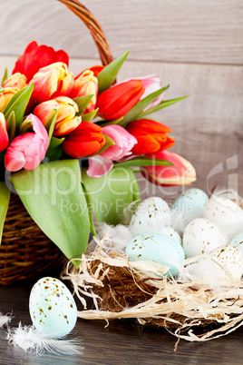 festive traditional easter egg decoration ribbon and tulips