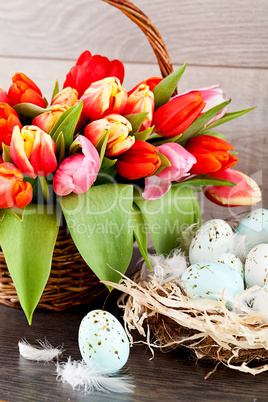 festive traditional easter egg decoration ribbon and tulips