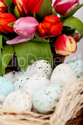 festive traditional easter egg decoration ribbon and tulips