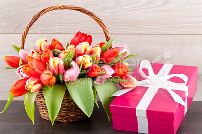 pink present and colorful tulips festive easter decoration