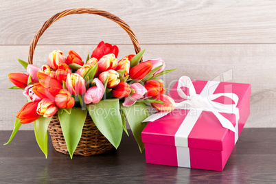 pink present and colorful tulips festive easter decoration