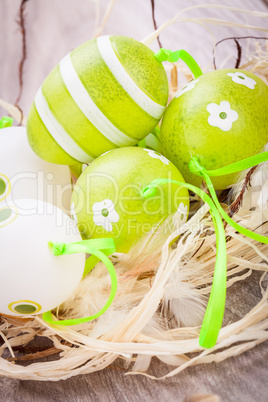 Colourful green Easter eggs in straw