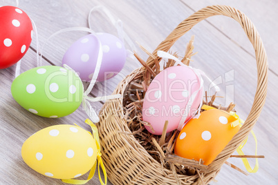 colorful easter egg decoration on wooden background