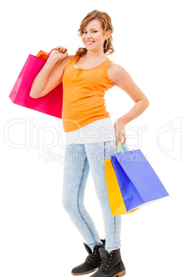 attractive young woman with colorful shopping bags